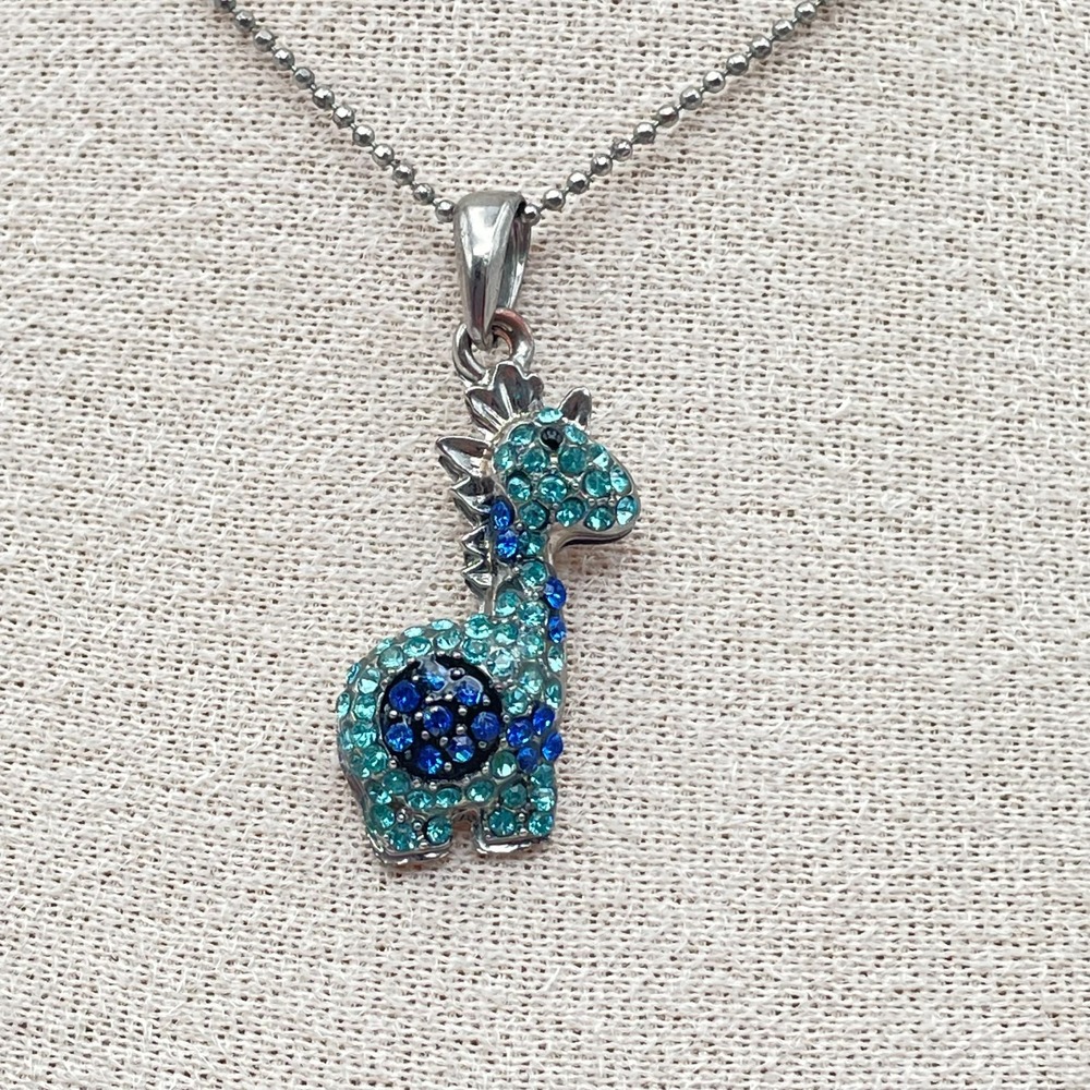 Y2K Silver Tone Rhinestone Giraffe Pendant Necklace Blue Crystal Animal Charm